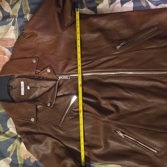 Calvin Klein Brown Leather Moto Jacket with Asymmetrical Zipper - Picture 5 of 6